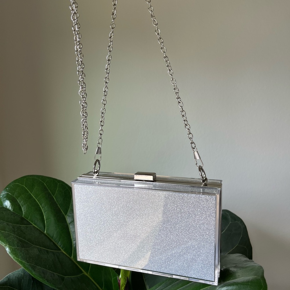Silver glitter resin square boxy clutch on crossbody chain satin lined
